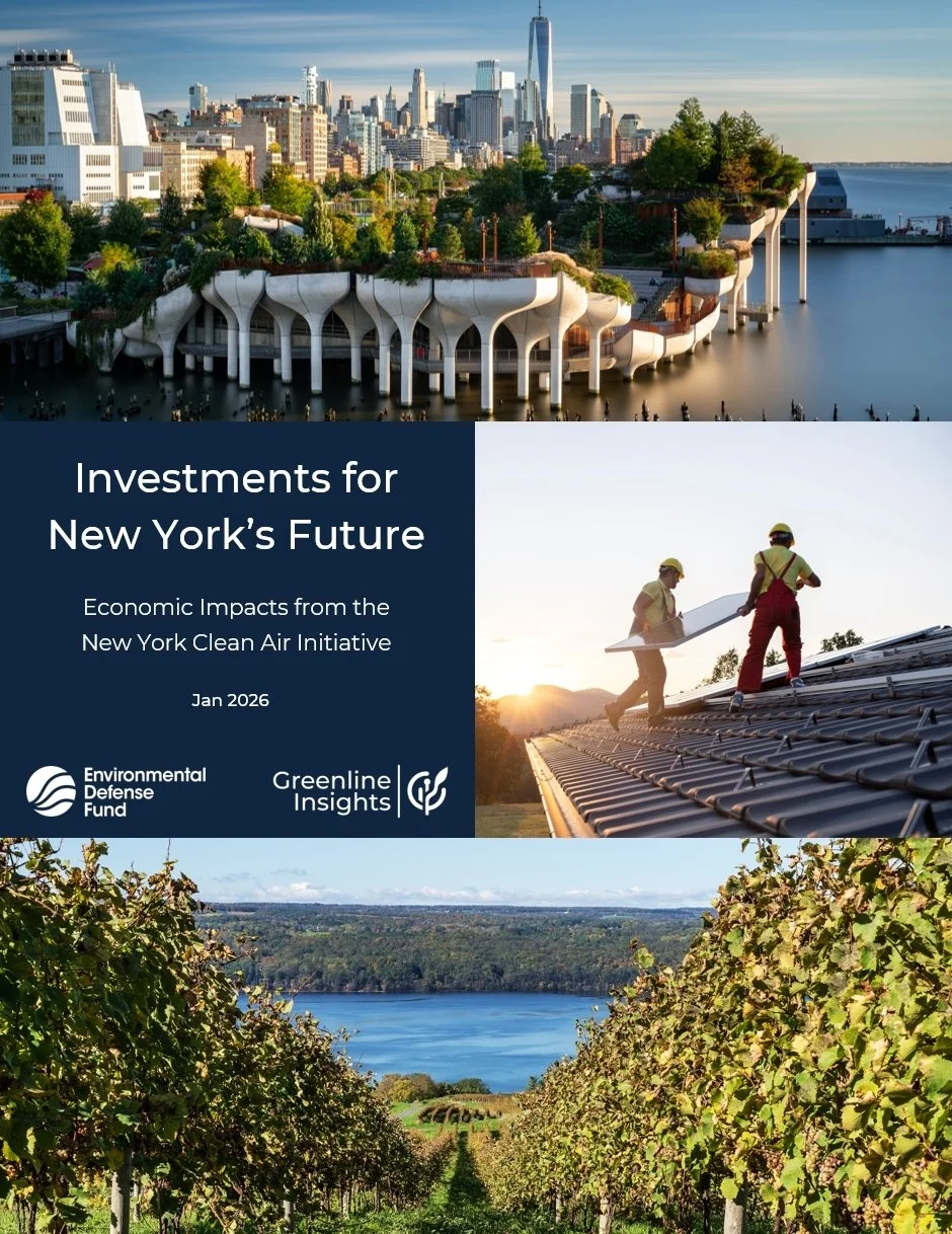 Cover page of a report titled 'Investments for New York's Future' with images of New York, workers installing solar panels, and grape vines in wine county.