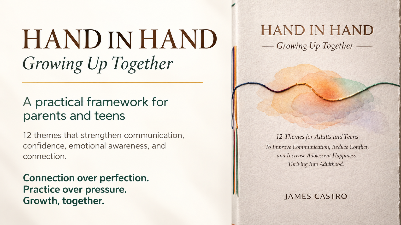 Hand in hand, book cover, and tag line.
