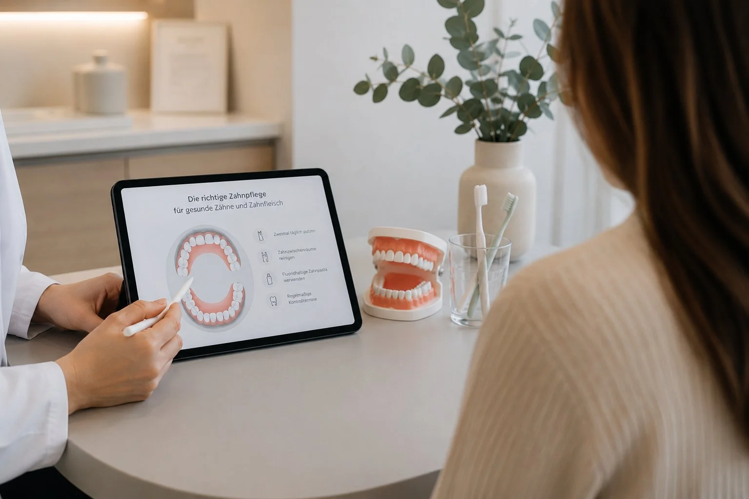 Patient erhält eine Beratung zur richtigen Zahnpflege anhand eines Tablets mit Zahnmodell und Zahnbürsten.