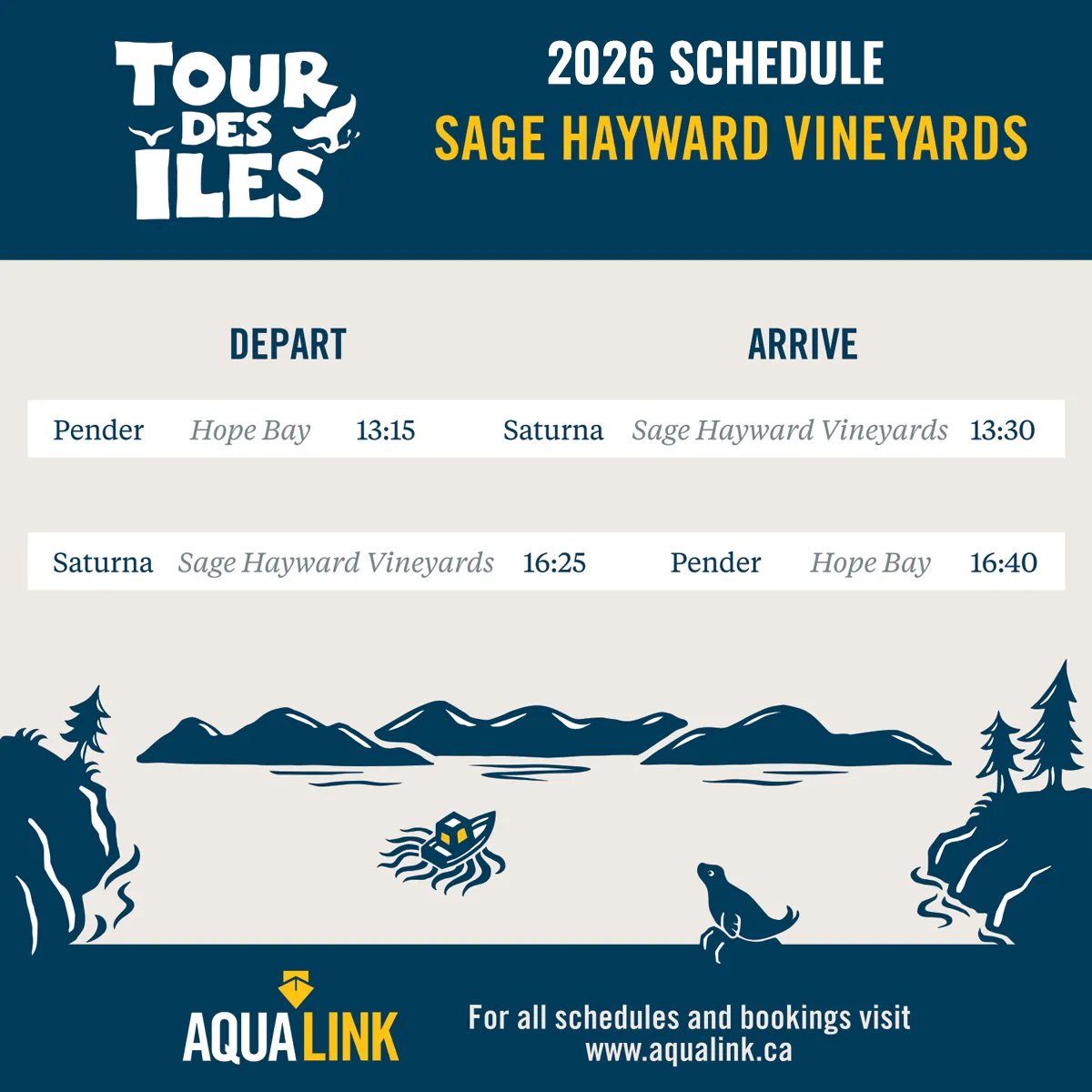 Pender (Hope Bay)—Saturna (Sage Hawyard Vineyards)