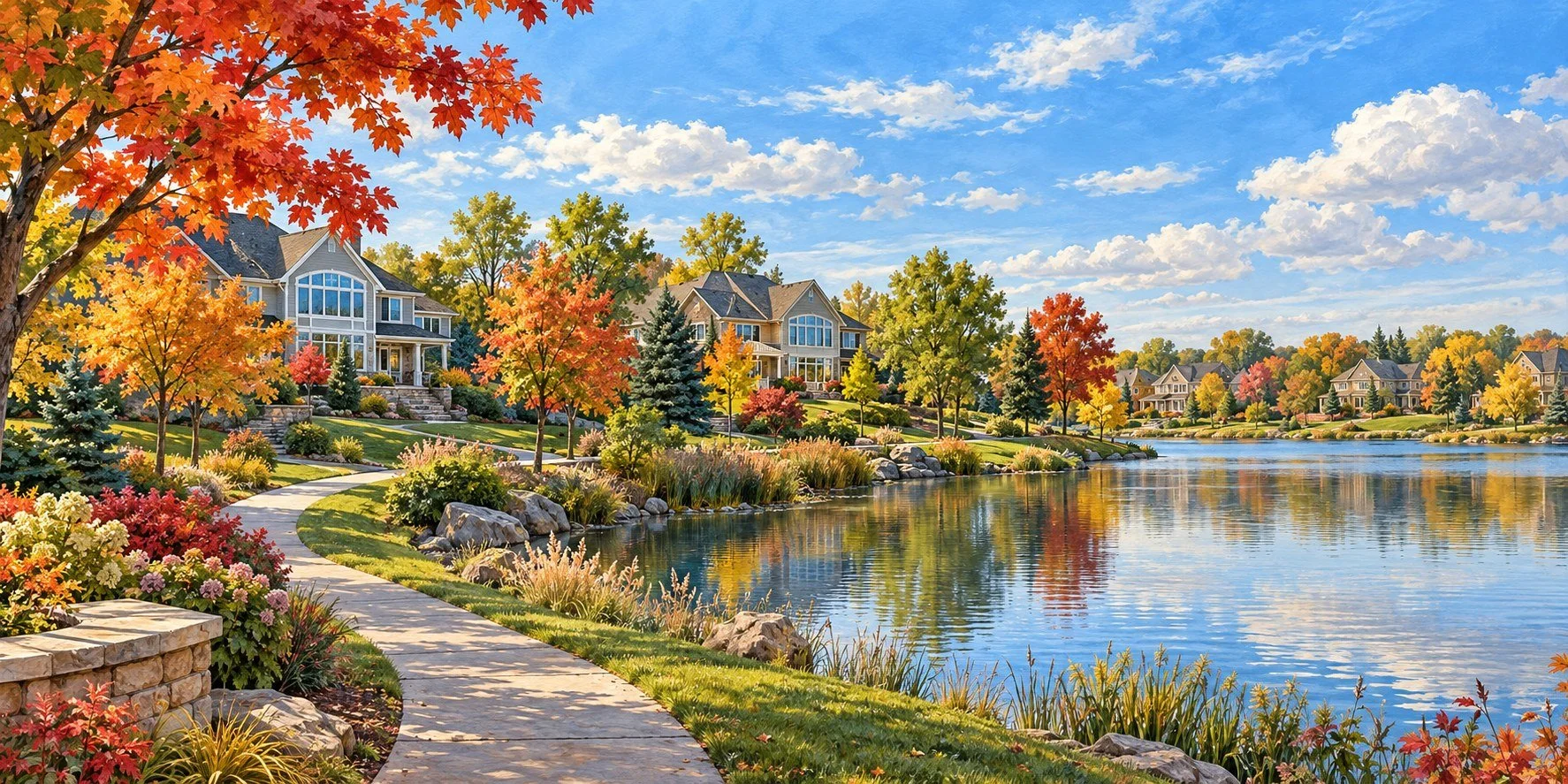 Double Hung Windows in Maple Grove, MN – artistic rendition of local lakeside homes