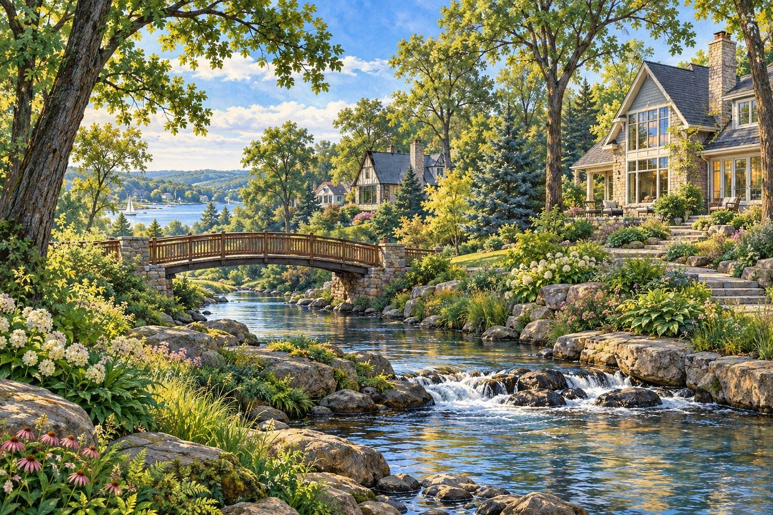 Double Hung Windows in Minnetonka, MN – artistic rendition of wooded homes and a creek