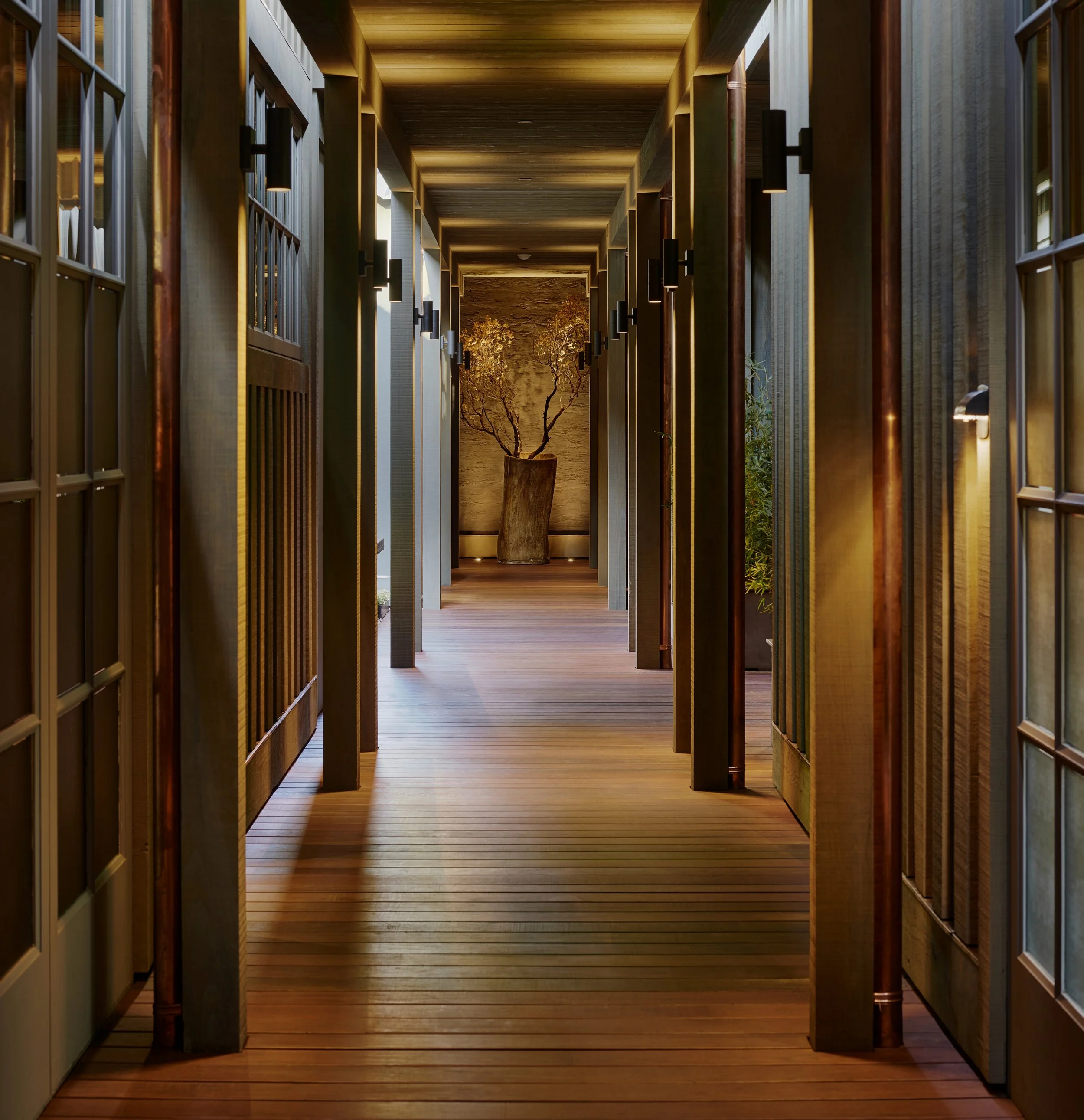 A wooden hallway with large windows on the sides, leading to a potted tree at the end of the corridor illuminated by soft warm lighting.