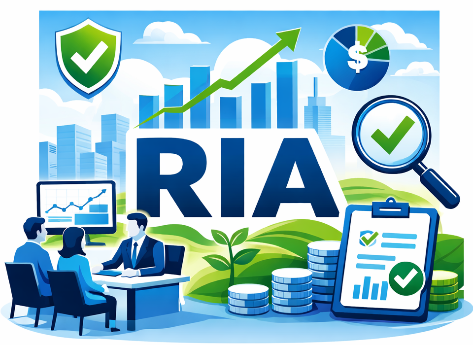 Graphic illustrating RIA with charts, a shield, dollar sign, magnifying glass, clipboard, discussions about finance, growth, and security.
