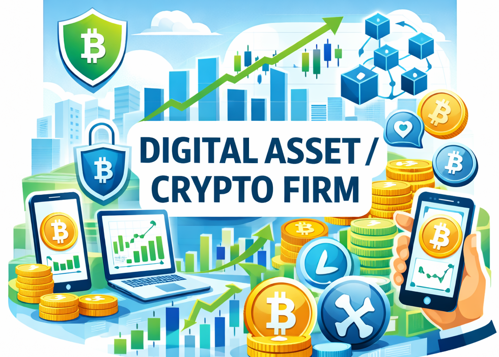 Illustration representing digital assets and cryptocurrencies, including Bitcoin, with graphs, charts, stacks of coins, smartphone screens displaying Bitcoin prices, blockchain icons, and security shields, centered around the text 'Digital Asset / Crypto Firm'.