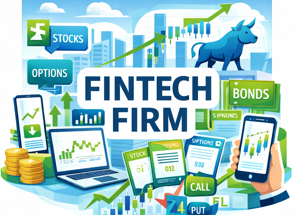 Colorful digital illustration of a fintech firm highlighting stocks, options, bonds, and trading charts, with interconnected devices and financial icons.