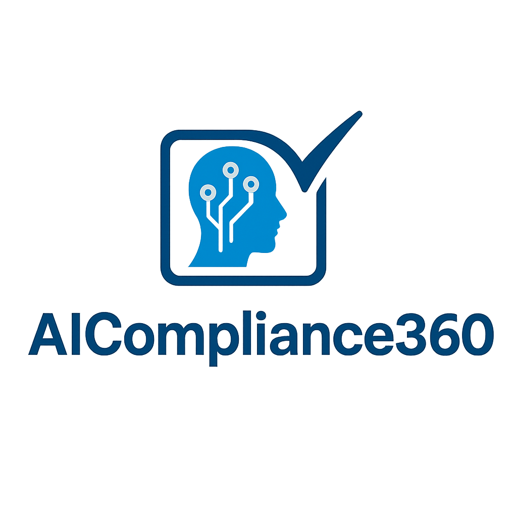 Logo of AlCompliance360 with a stylized human head and neural network design, and a checkmark