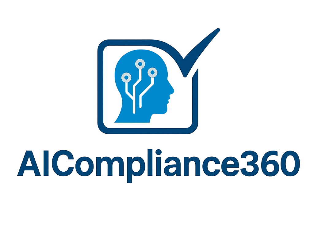 Logo for AI Compliance 360 featuring a stylized human head with circuit lines and a check mark above it.