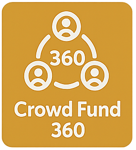 CrowdFund 360 logo with three stylized human figures connected around the number 360 on a gold background.