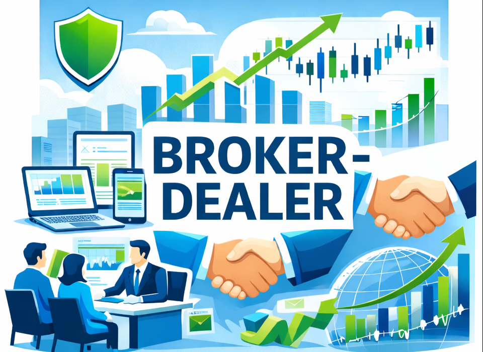 Illustration of a broker-dealer with handshake, financial graphs, charts, and technology devices, representing financial trade and investment.