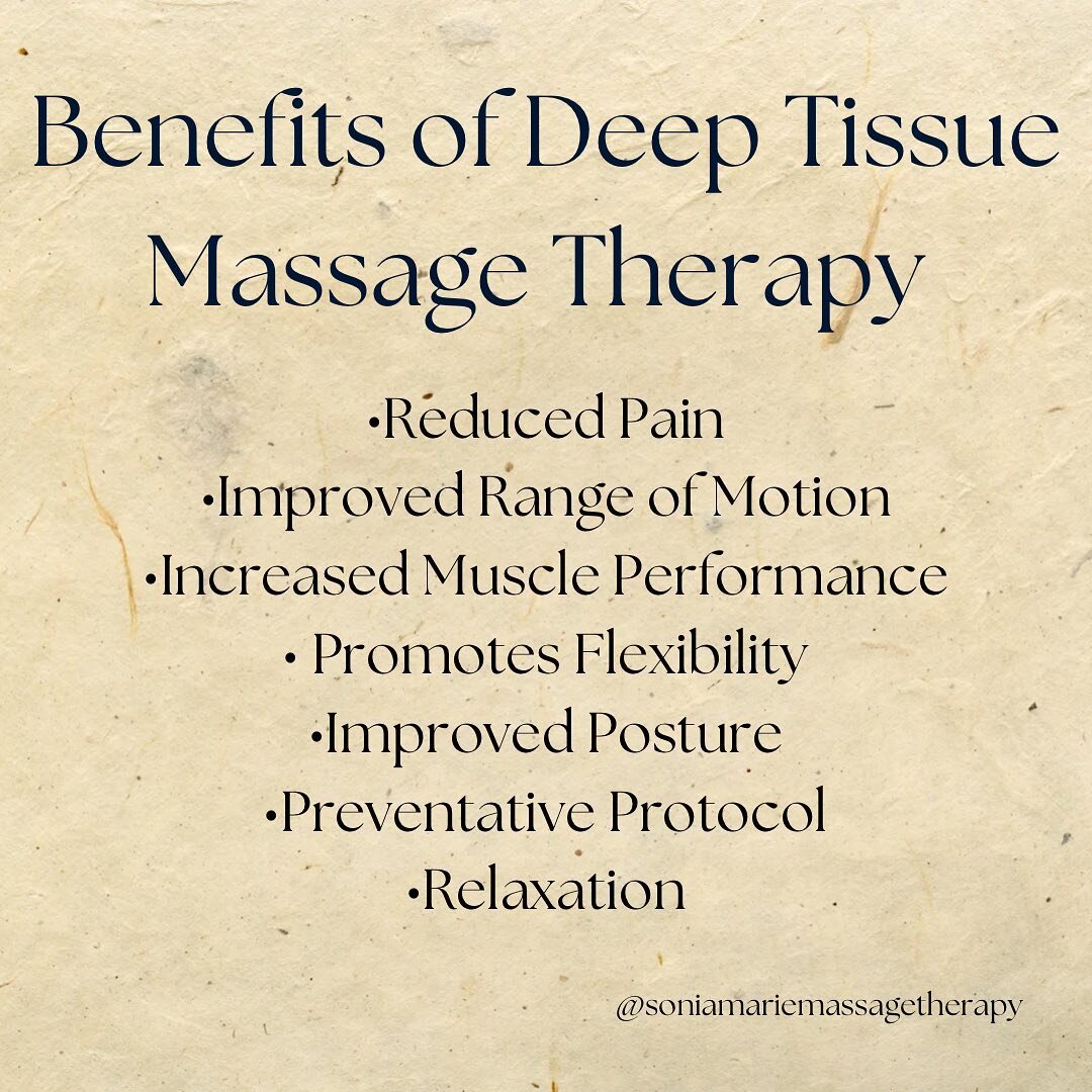 Know what you&rsquo;re investing into when you&rsquo;re booking a type of massage! 
Deep Tissue is ideal for clients suffering from pains and aches, stiffness, or bad posture, or those who are athletes who seek to enhance performance and have mainten