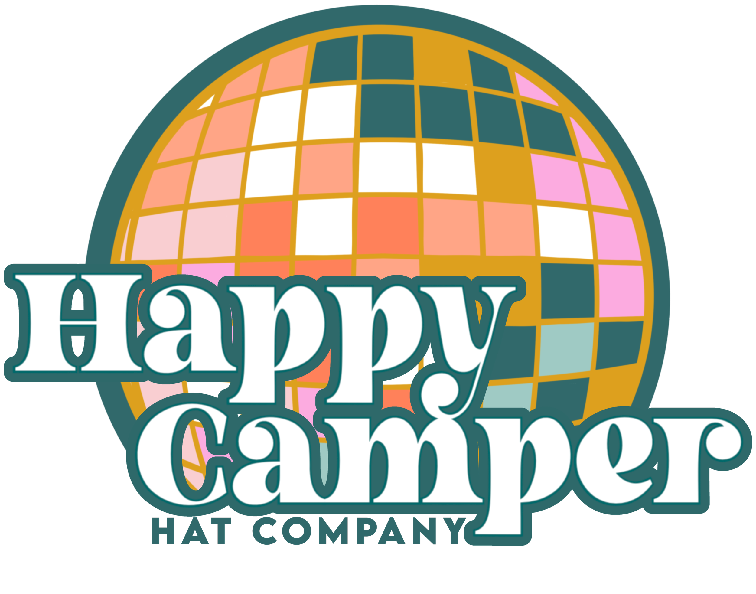 Happy Camper Hat Company with disco ball behind text