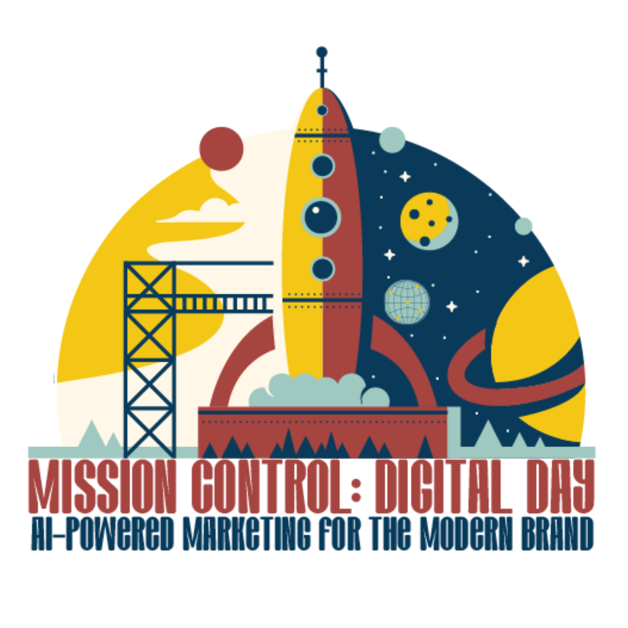 Mission Control: Digital Day AI-Powered Marketing for the Modern Brand with retro rocket and planet