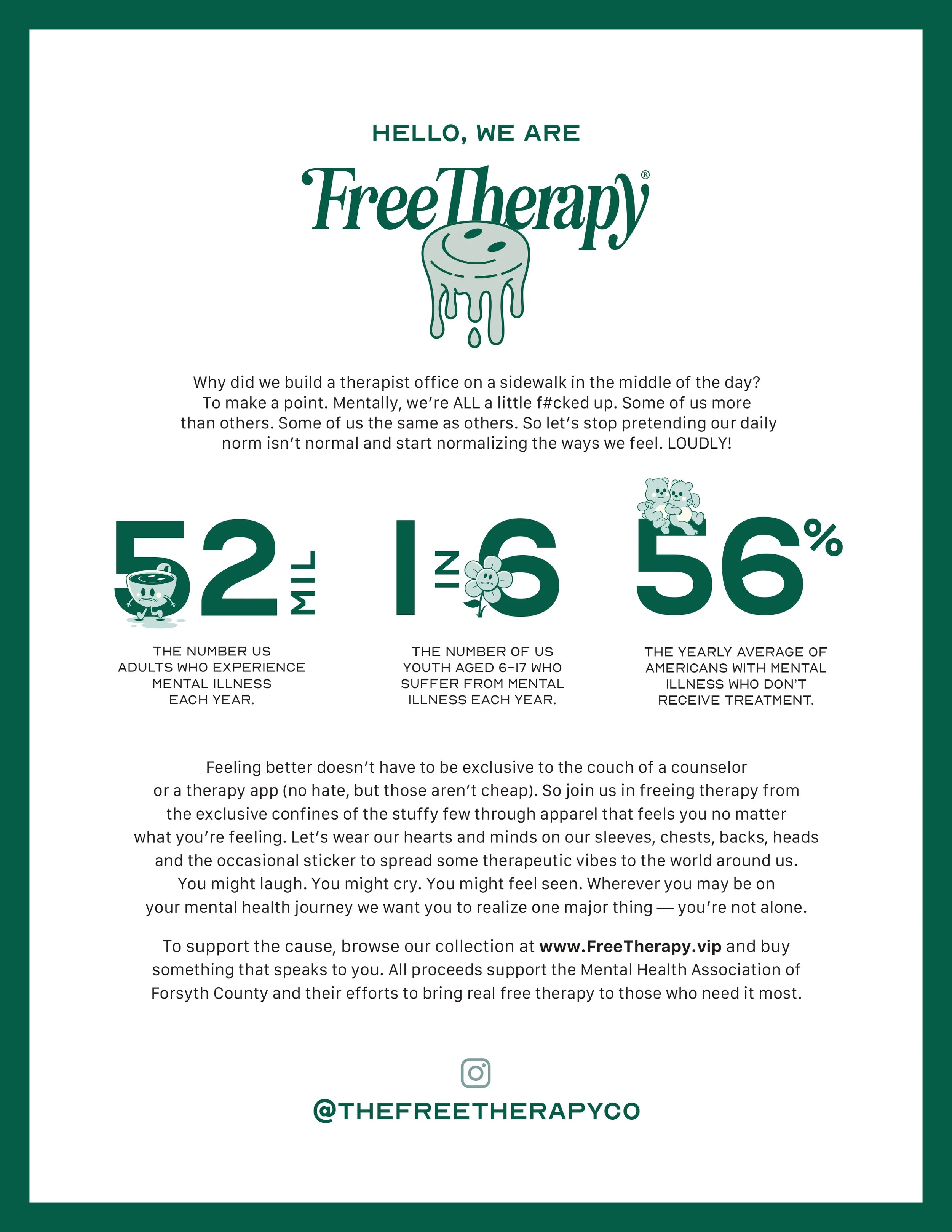 Informational poster for Free Therapy showing statistics about mental health in the U.S., including number of adults with mental illness, youth with mental illness, and Americans who do not receive treatment. The poster features the Free Therapy logo, a smiling therapy wipe, and a website link for support.