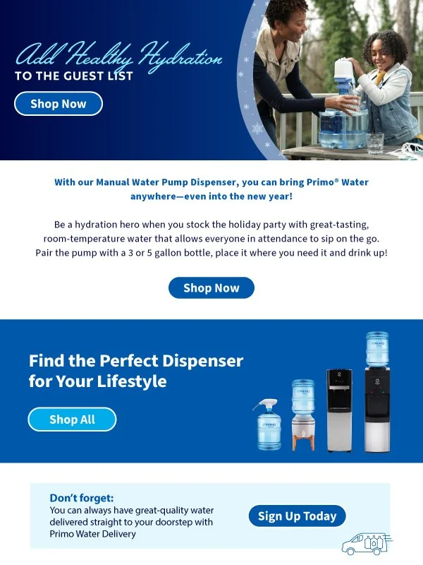 A promotional flyer for Primo water dispensers featuring a woman and a girl filling a water pitcher outdoors. The flyer highlights the benefits of the water dispenser, including manual water pump options, and encourages shopping for dispensers with buttons labeled 'Shop Now,' 'Shop All,' and 'Sign Up Today.'