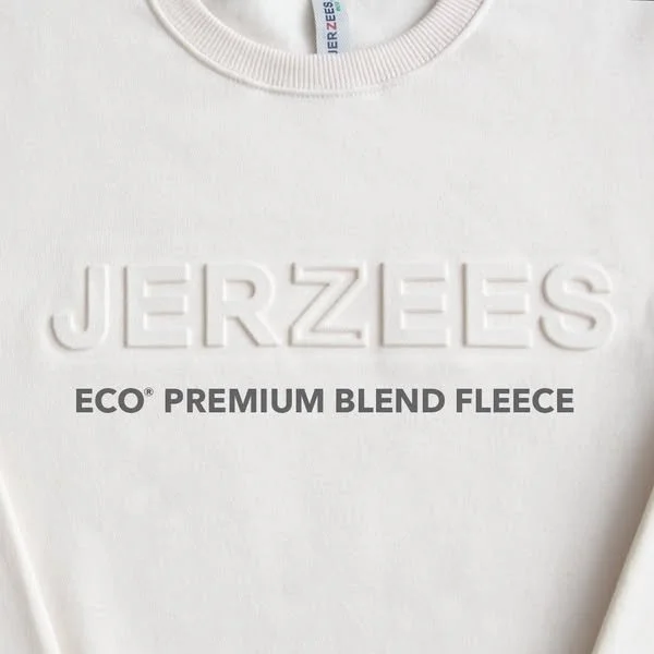 Close-up of a white sweatshirt with embossed brand name 'JERZEES' and printed text 'ECO® PREMIUM BLEND FLEECE'.
