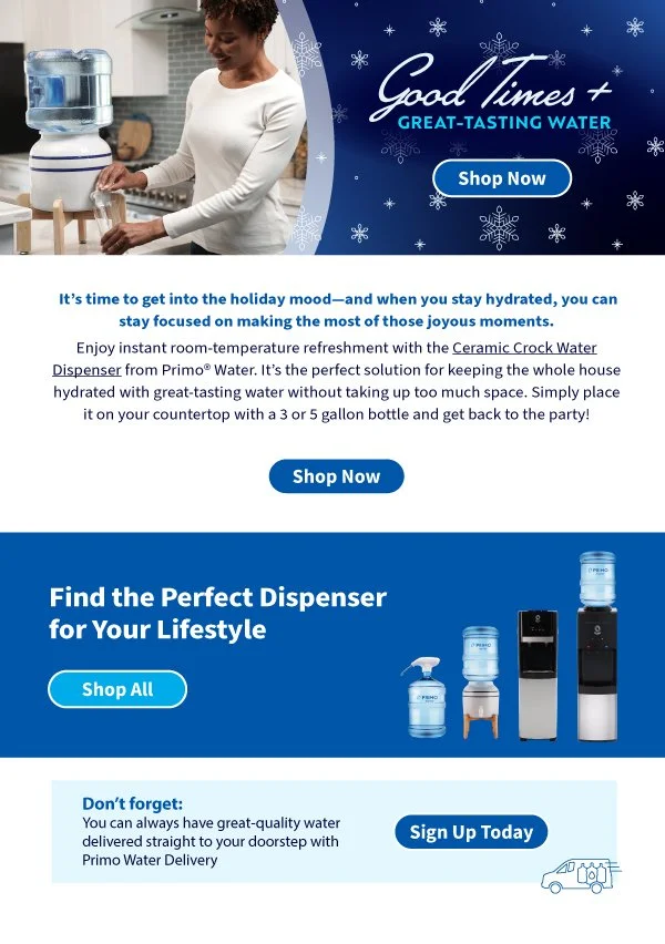 An advertisement promoting water dispensers with a woman filling her glass from a water cooler in a modern kitchen. The ad features holiday-themed snowflakes and phrases like "Good Times + Great-Tasting Water" and "Shop Now."