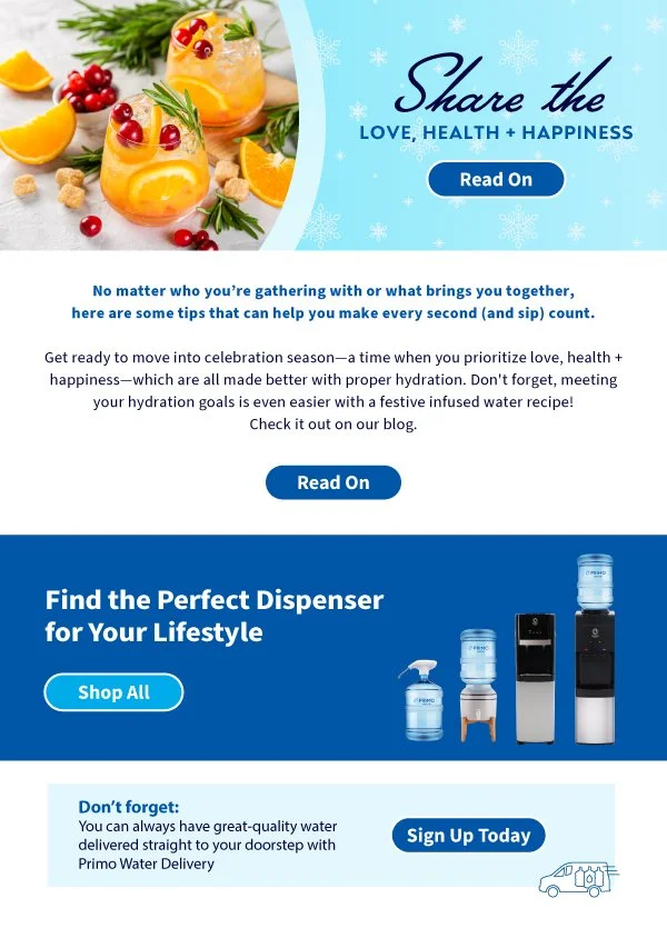 A festive holiday advertisement promoting hydration and water dispensers, featuring an image of two glasses of orange beverage garnished with pomegranate seeds and orange slices, with additional lemon slices, cranberries, and greenery in the background. The ad emphasizes sharing love, health, and happiness, with options to read more, shop for dispensers, and sign up for delivery.