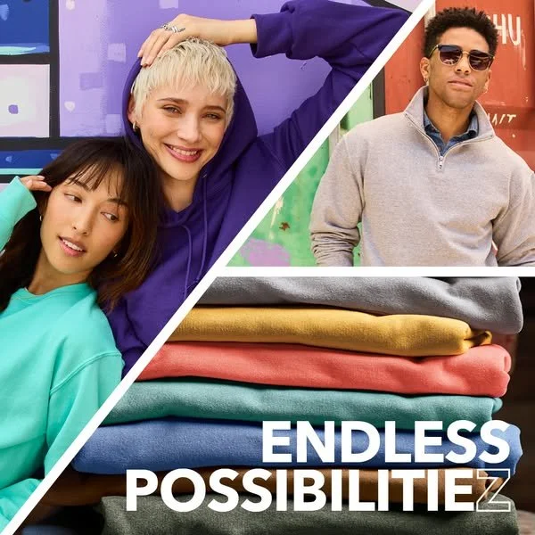 Collage of diverse people and folded clothes with the text "Endless Possibilities."