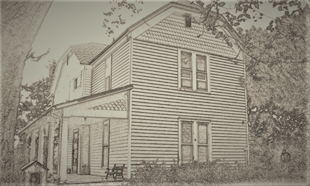 “Haunting pencil‑sketch style image of the Dalton House with an added ghostly figure in the doghouse, used as the cover of Watchmen of Dalton Manor.