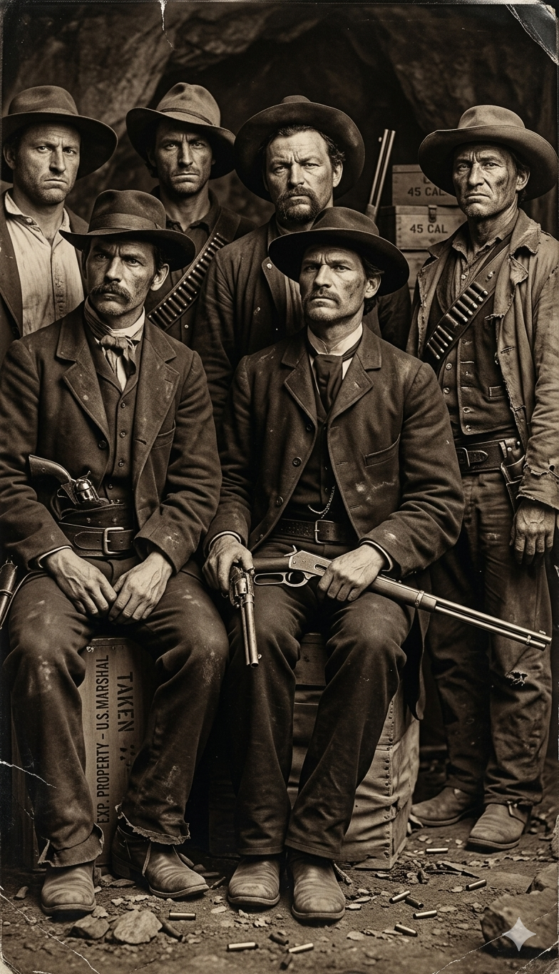 AI‑generated artwork of the Dalton Gang, inspired by the real outlaws who attempted the 1892 Coffeyville bank robbery.”