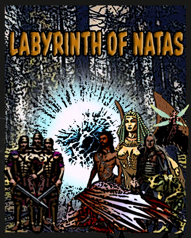 Children's cartoon-style illustration of characters from the 'Labyrinth of Naats' game, with fantasy and adventure theme, set in a forest background.