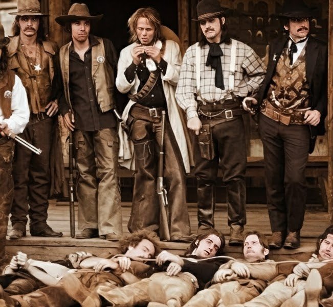 “AI‑generated image of the Dalton Gang laid out after the Coffeyville raid, shown in a respectful historical style.