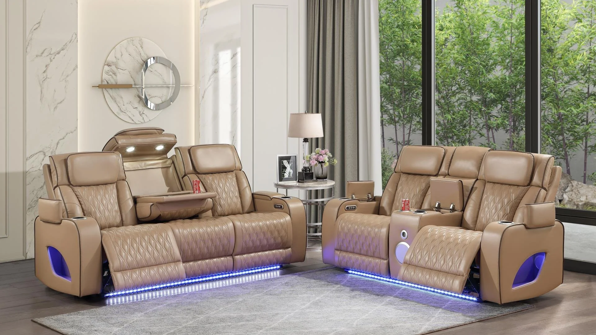 Fortuner Sofa Set LED Lights BT Speakers and Massager CARAMEL