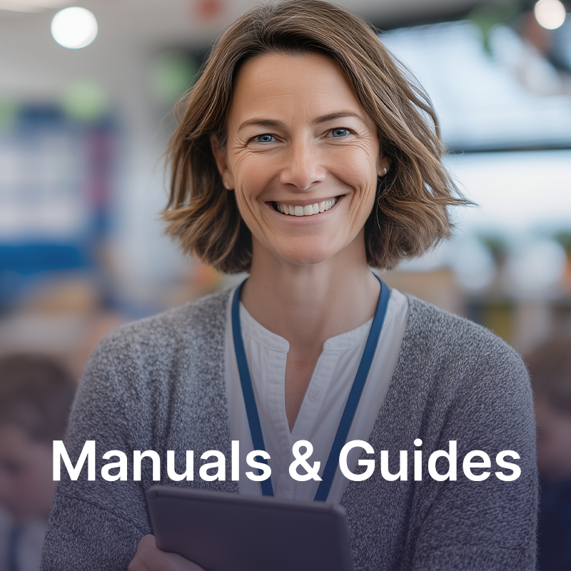 Smiling woman in professional attire holding a tablet in a bright, modern office environment with the text "Manuals & Guides" overlaid.