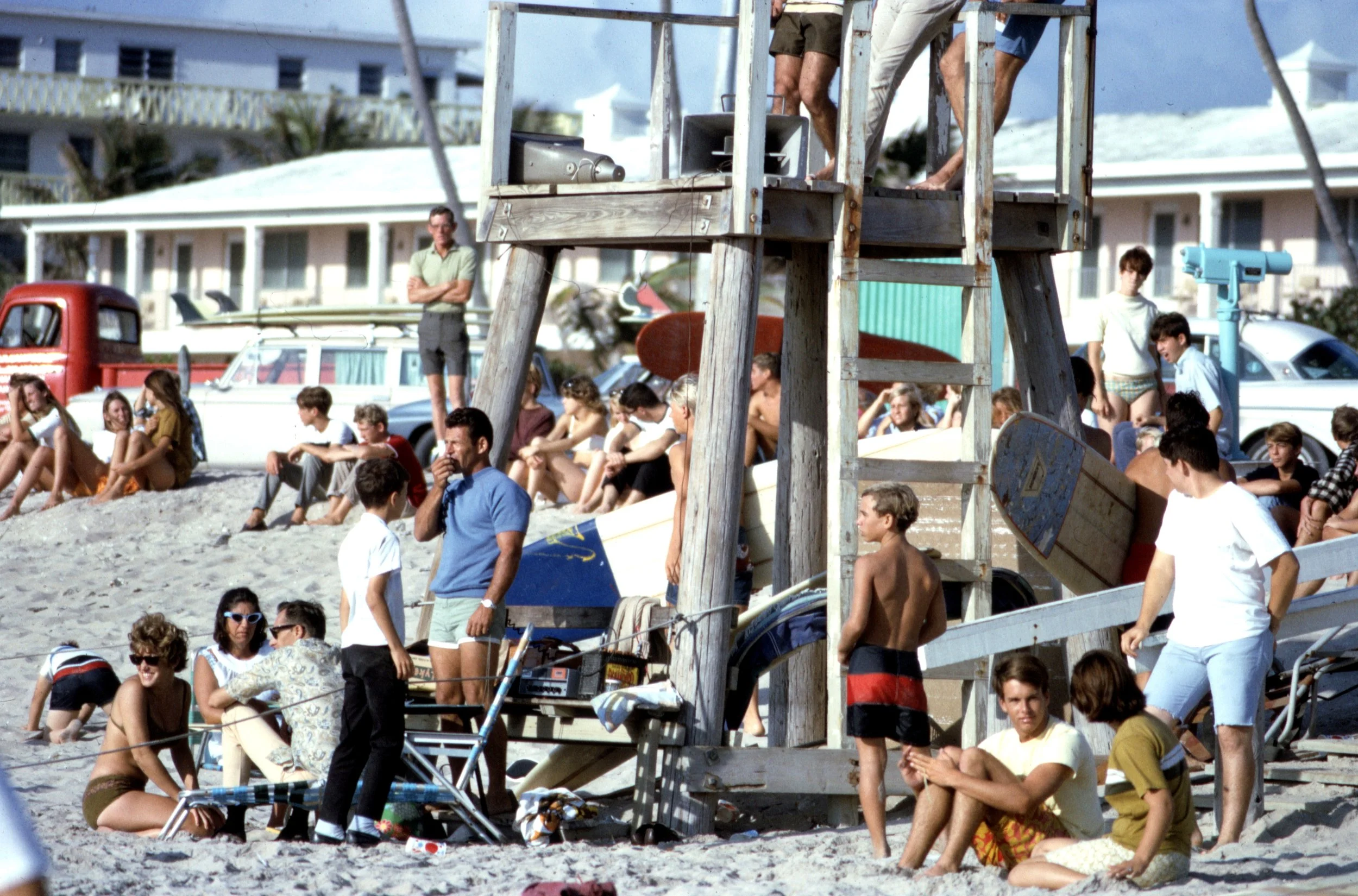 M.E. Gruber, Dave Aaron announcing at Lake Worth Pier contest, 1967, Kodachrome transparency printed on Hahnemühle paper, 10 x 14 inches, $160