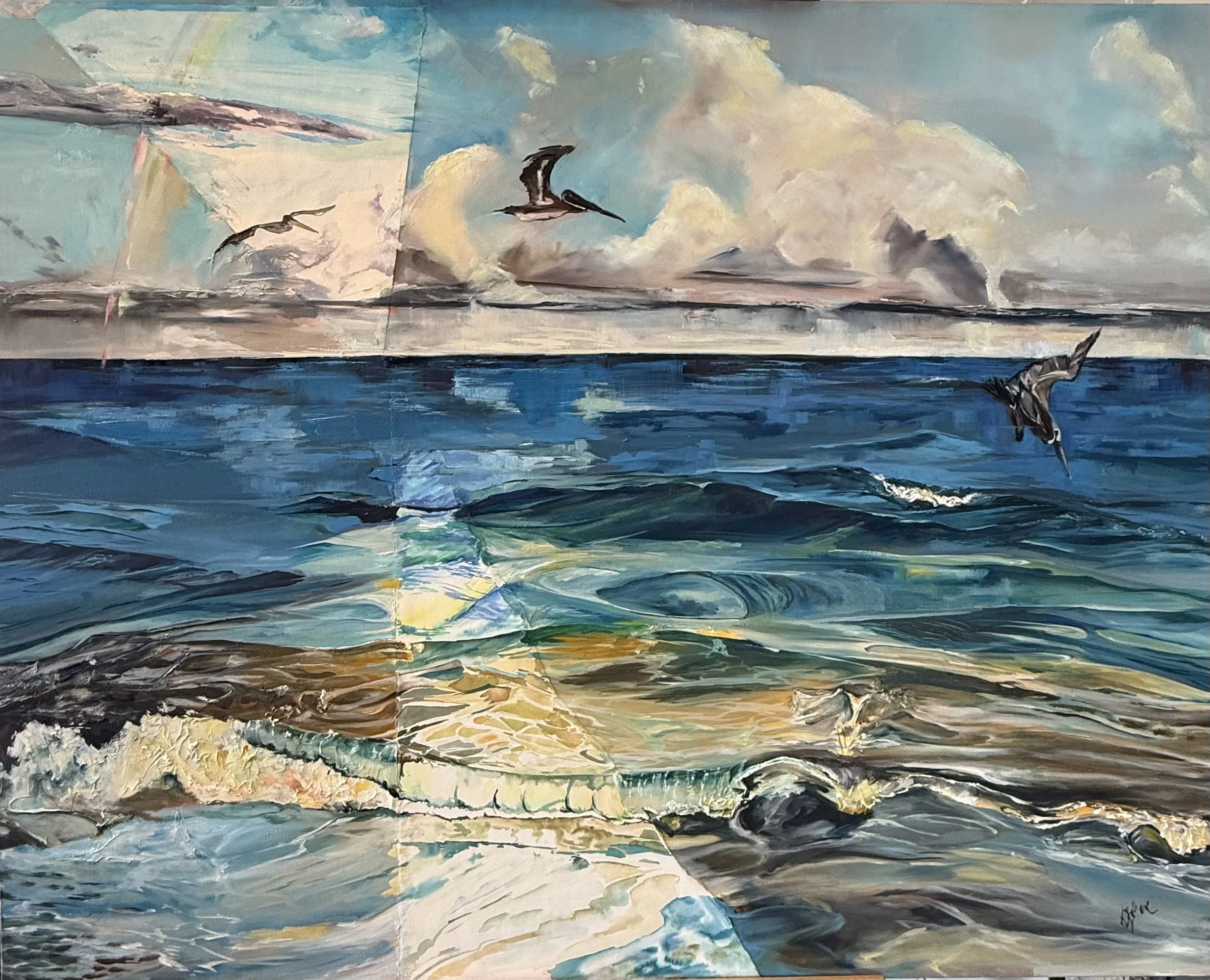 Kimberly Beltrame, The Dive, 2026, Oil and watercolor on canvas, 48 x 60 inches, $8500