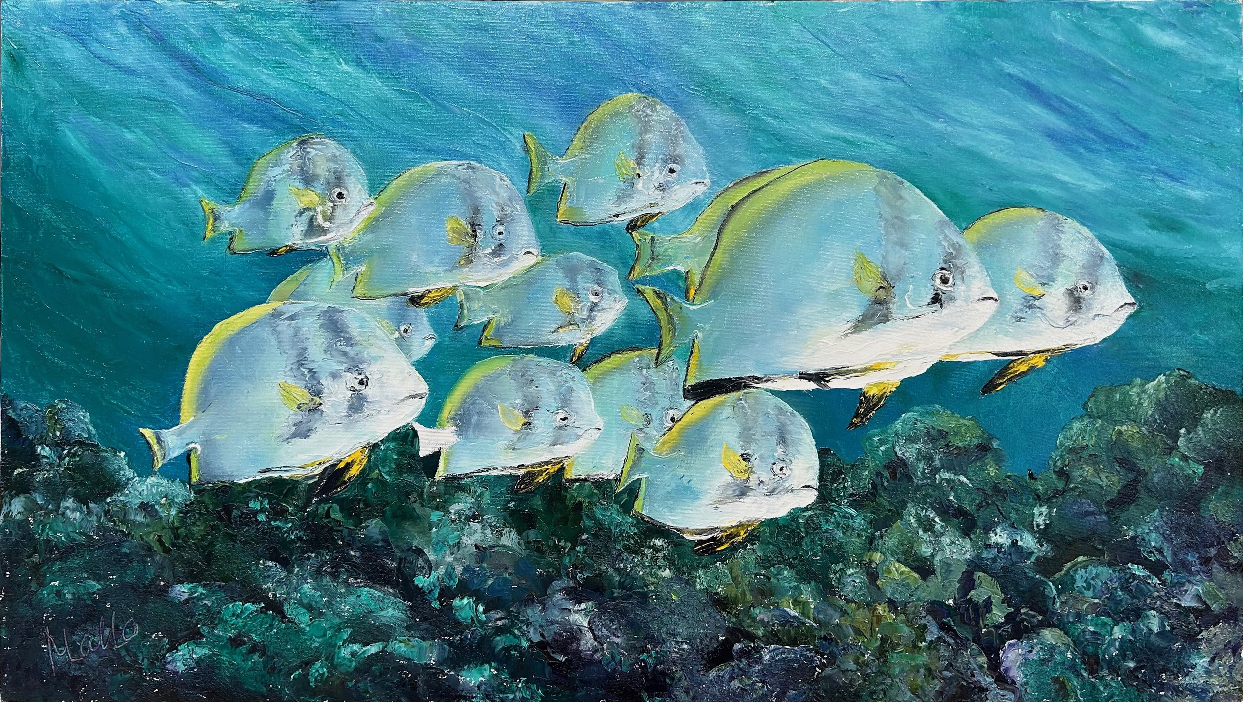 Mallo Bisset, Traveling Buddies, 2025, Oil on canvas, 23 x 39 inches, $1450