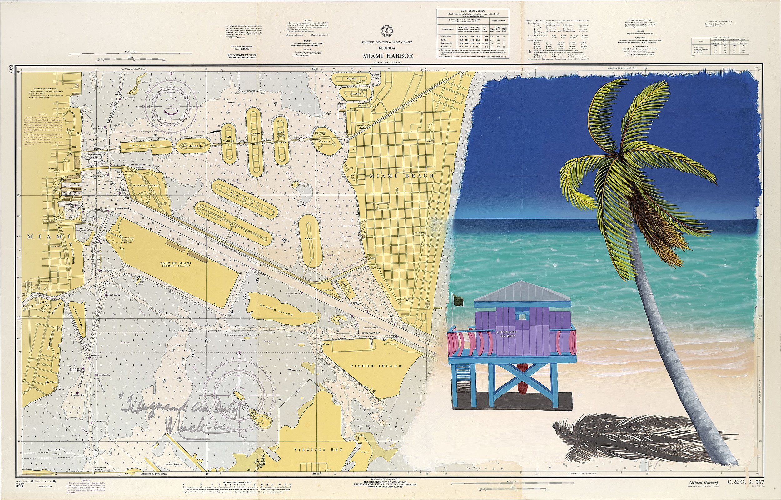 Dan Mackin, Lifeguard on Duty, 2008, Acrylic on map, 30 x 46 1/2 inches, $7,800