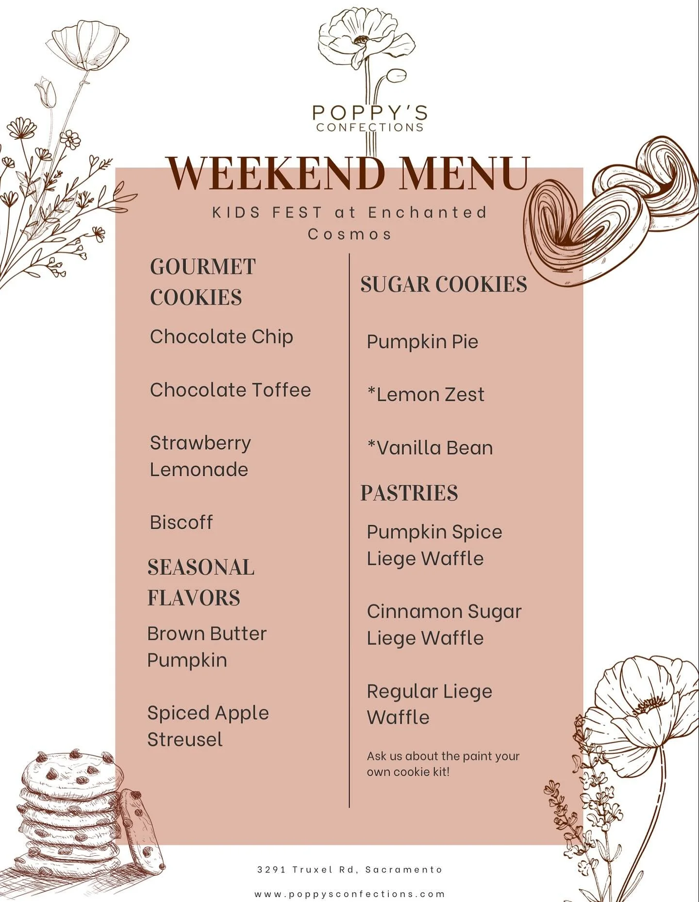 🧸Weekend Menu

Come see us tomorrow @mamabearsfcc Kid Fest from 10 - 2 @enchantednatomas

Be the first to try some of our new Fall flavors!  Limited quantities, so get there early!

Make sure to ask us about our 🎨Paint your own cookie&rsquo; kit!

