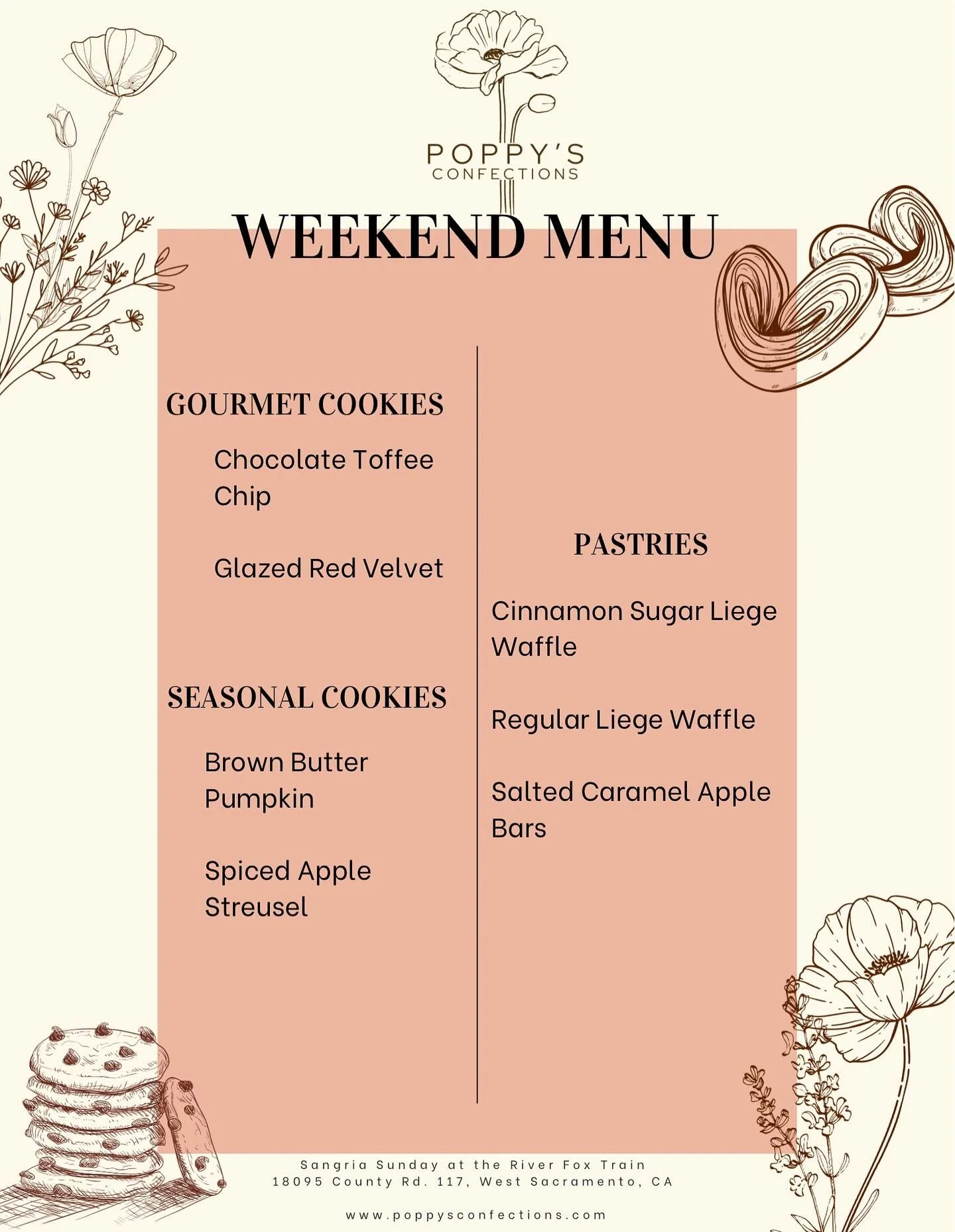 Happy Saturday, Friends!

We are busy baking today but we have finalized our menu for tomorrow! Make sure to stop by we&rsquo;ll be @sacramentoriverfoxtrain for Sangria Sunday hosted by our friends @rivercity.marketplace

Rain or shine, free admissio