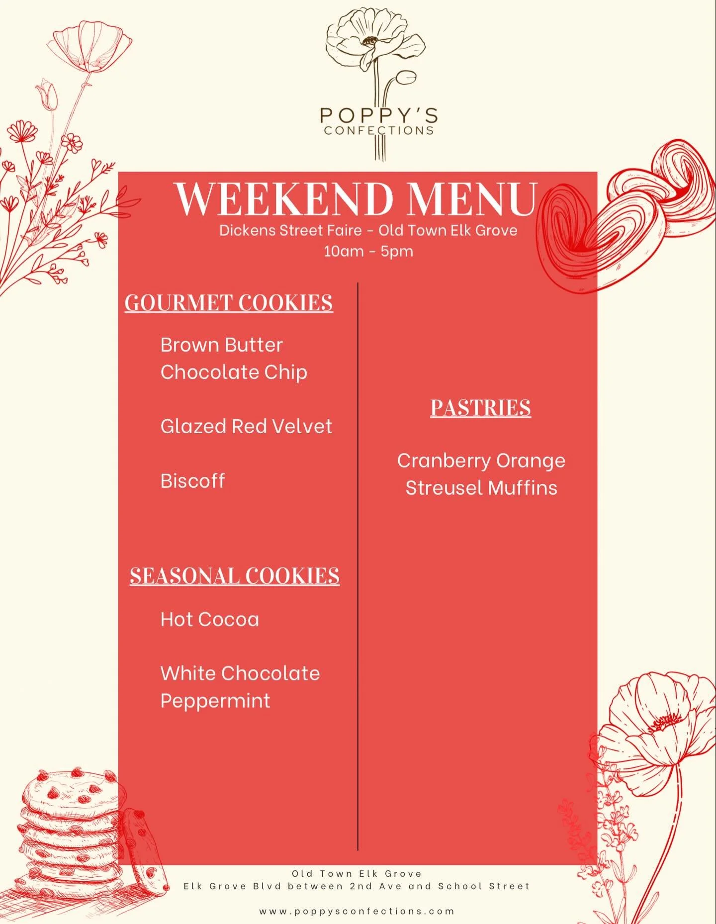 🎄Menu for the weekend!

We&rsquo;ll be a vendor @dickensstreetfaire tomorrow from 10am - 5pm.  This is a fun, family friendly and free event! 

Come try our Christmas menu before it goes live in December, secure your Christmas treats and shop other 