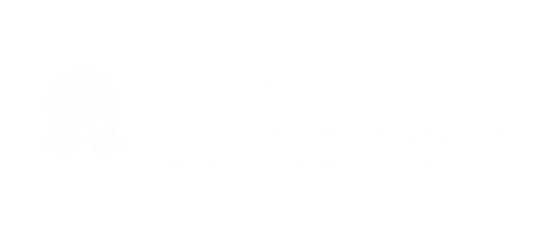A black background with white text that reads 'Authenticity' and a note about art prints coming with signed, numbered certificates of authenticity, alongside an icon of a certificate with a checkmark.