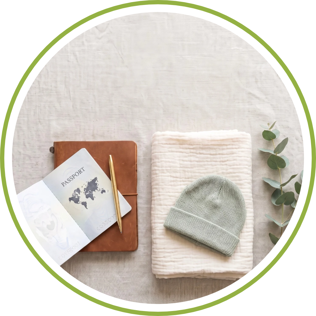 Passport, notebook of surrogacy terms, and newborn swaddle laid out to prepare for bringing a baby home