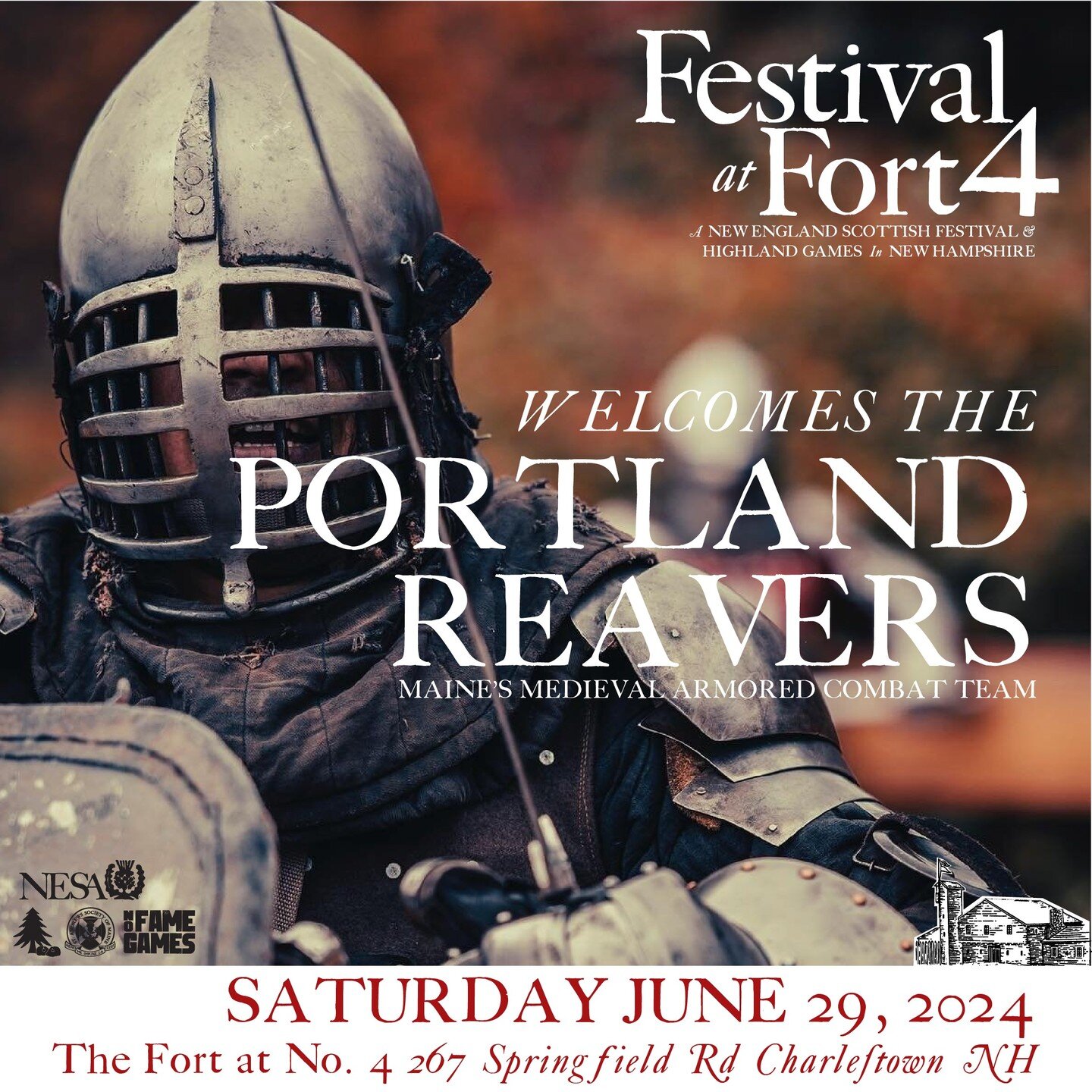 The Festival at Fort 4 is pleased to welcome The Portland Reavers, Maine's Medieval Armored Combat Team! 
Come see men in full armor swing swords and battle like the knights of old!
#Buhurt #highlandgames #festivalatfort4 #stonelifting #pipesanddrums
