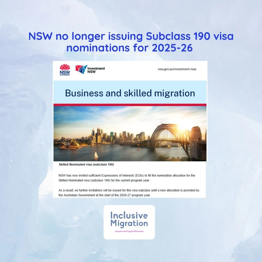 NSW no longer issuing Subclass 190 visa invitations for 2025-26 but continuing with Subclass 491 visa invitation rounds
