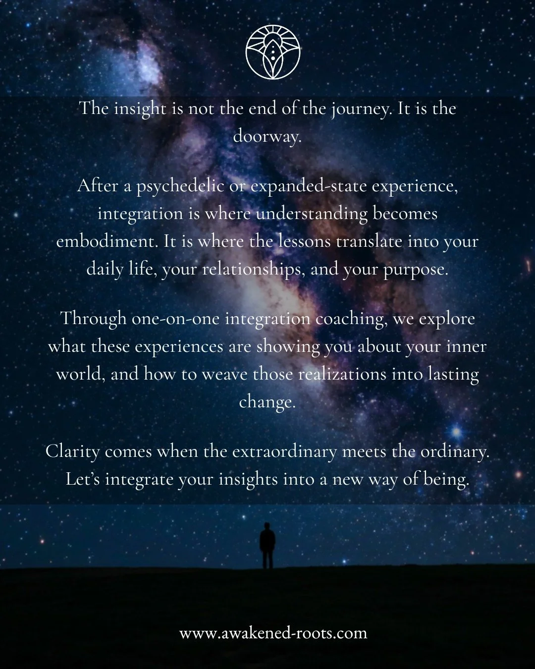 Insight opens the door. Integration is the path forward.

After a psychedelic or expanded-state experience, the real work begins&mdash;translating what you've seen into how you live.

Integration coaching creates space to process, understand, and emb