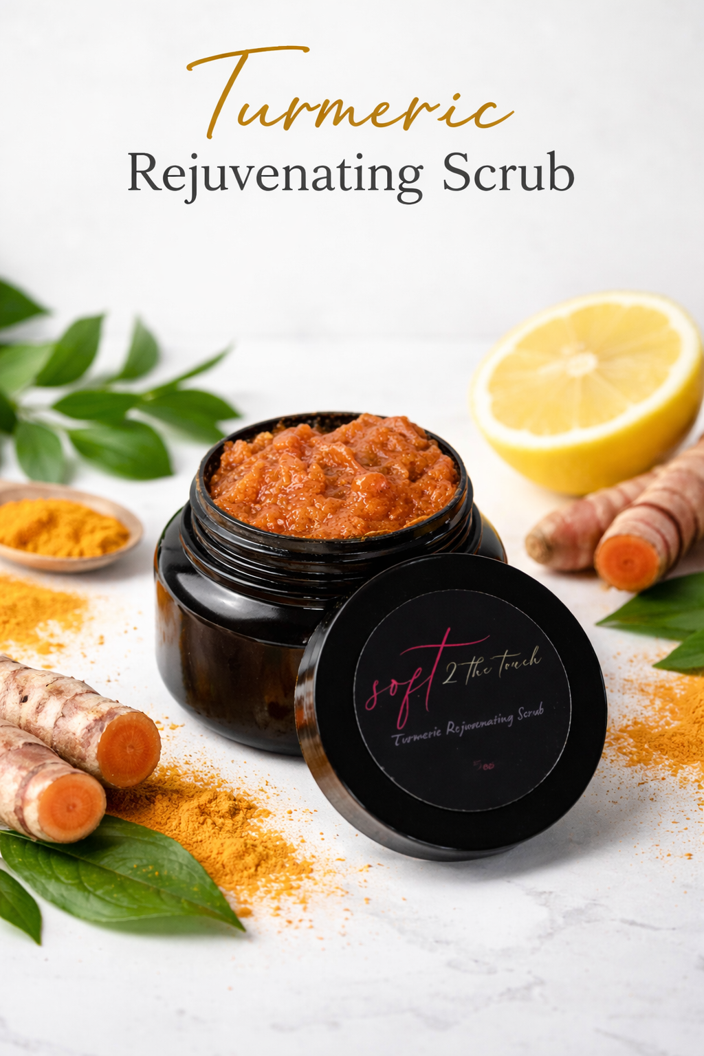 A jar of turmeric rejuvenating scrub with fresh turmeric roots, a lemon half, green leaves, and turmeric powder scattered around on a white surface.