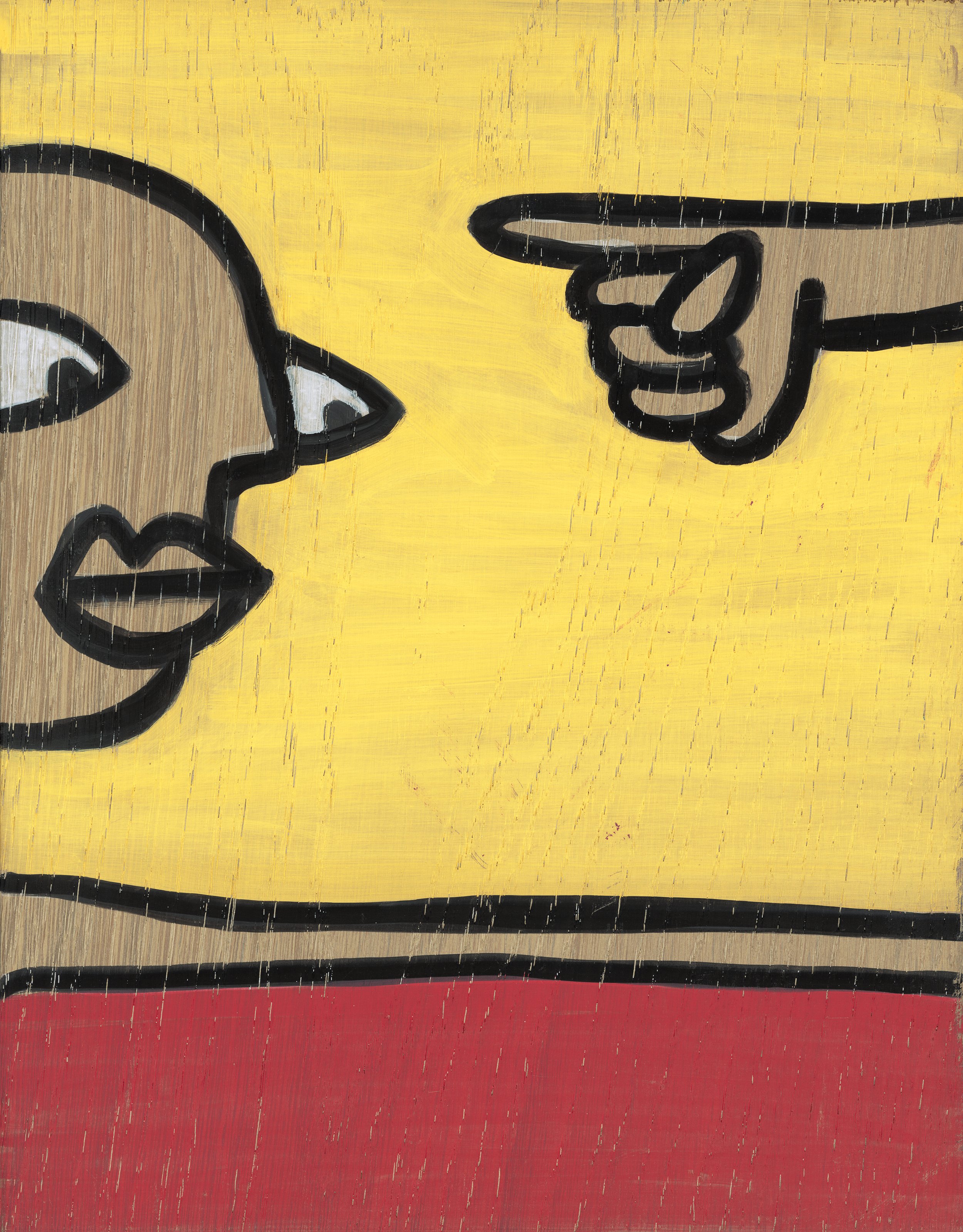 A wooden sign with painted artwork of a woman's face and an outstretched hand pointing at her face. The artwork features bold black outlines, yellow background, and red lower section.