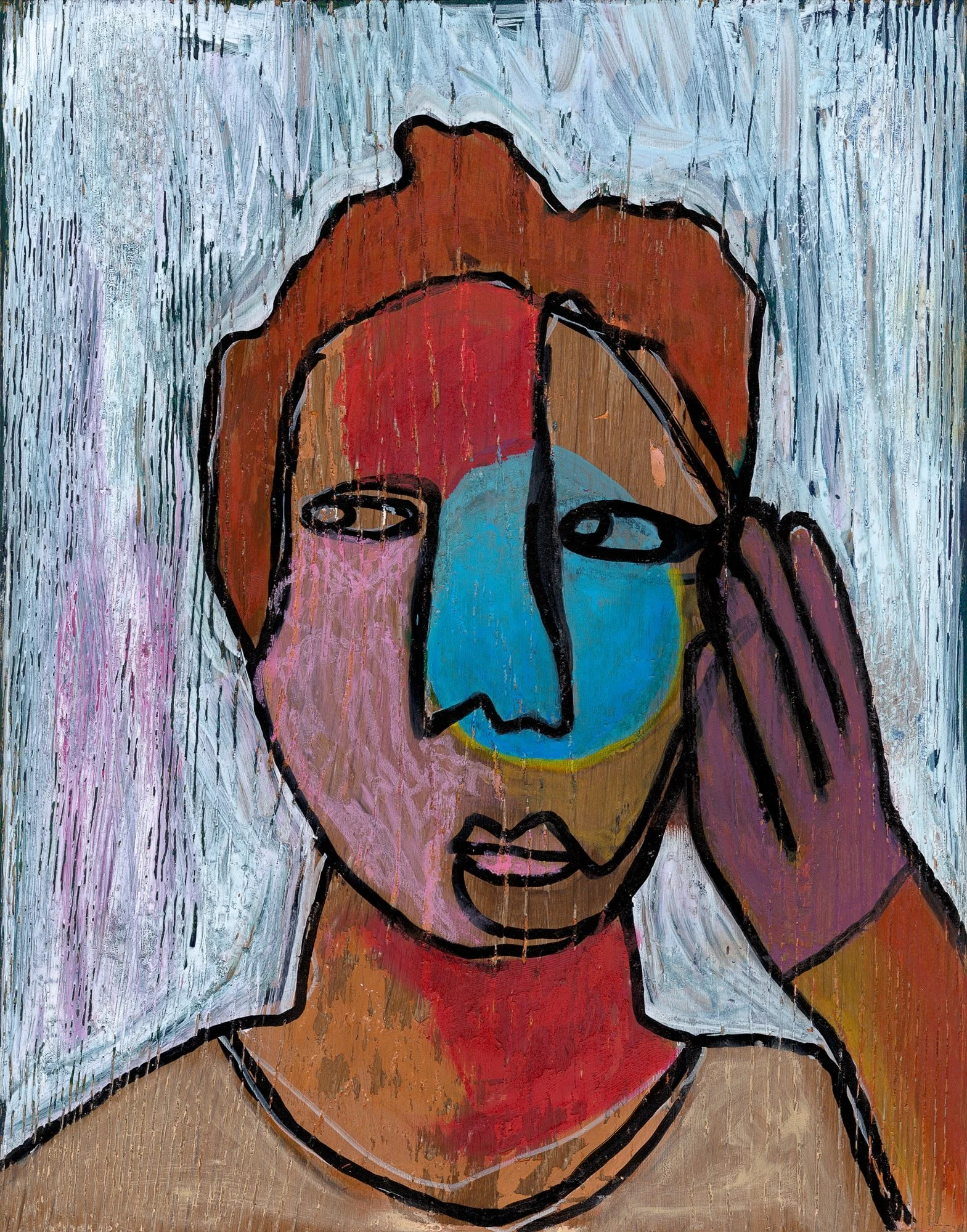 Abstract painting of a woman's face with bold black lines, colorful sections, and textured background.