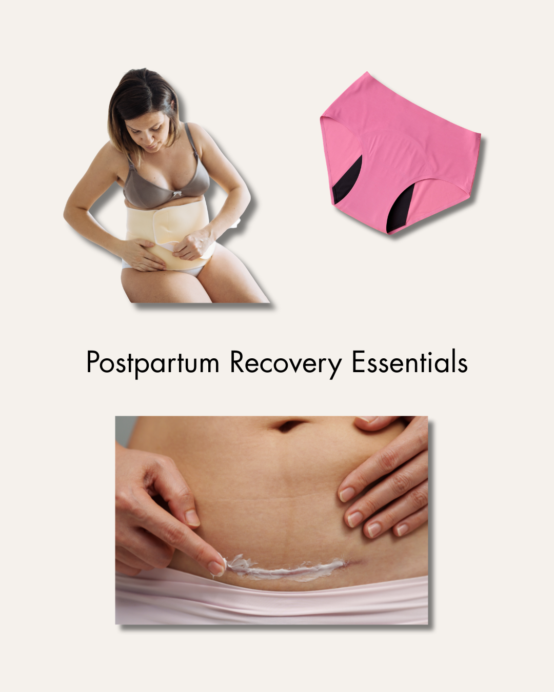 Postpartum recovery essentials including perineal care and abdominal support recommended by pelvic floor therapist