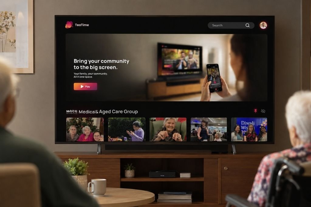 Two elders watching TeaTime TV app for aged care.