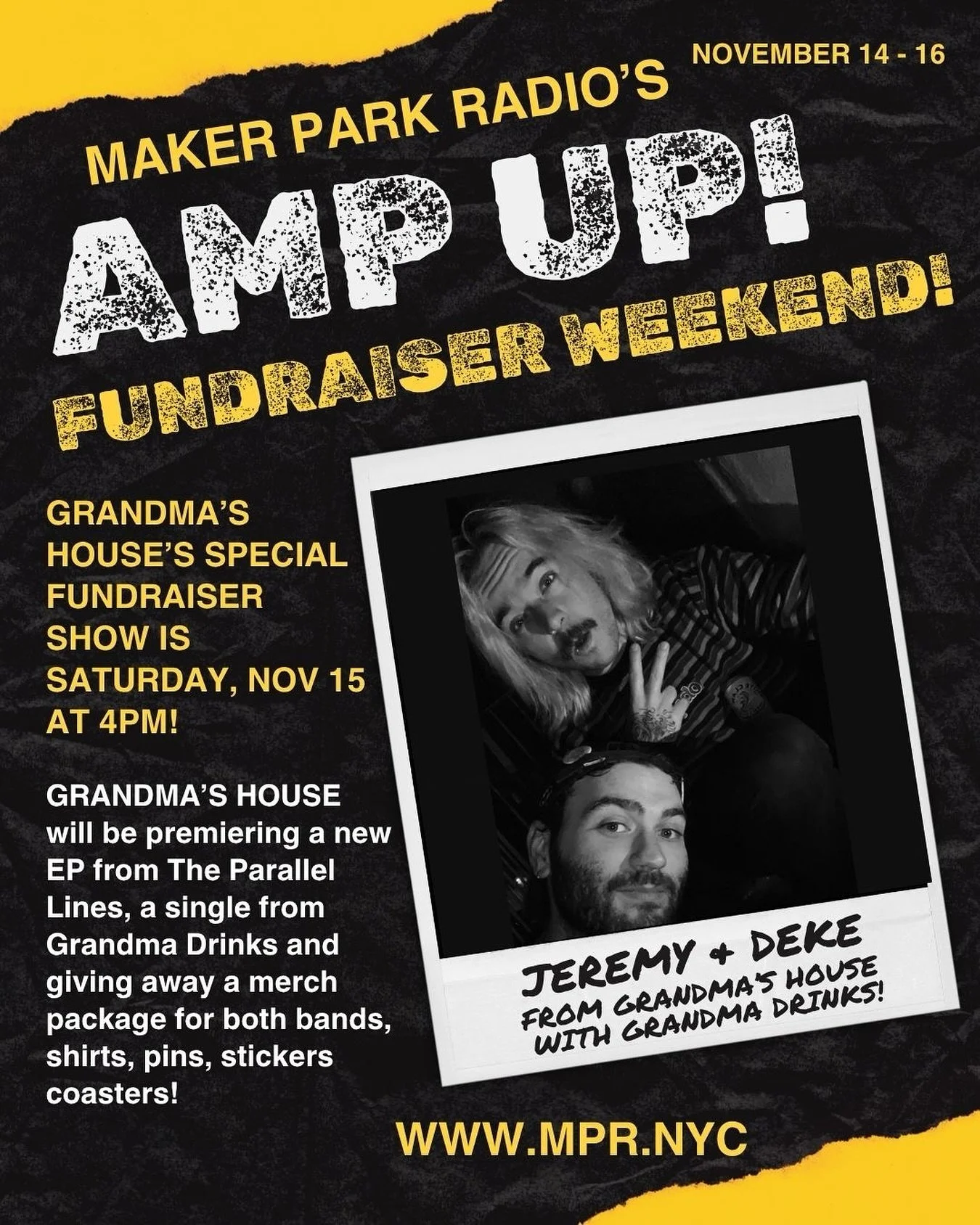 Stoked to be apart of @makerparkradio 's AMP UP! Fundraiser Weekend!! Catch us Saturday November 15th at our usual time of 4PM! We will be premiering a new EP from @theparallellinesnyc &amp; new singles from @grandmadrinksnyc as well as a merch givea