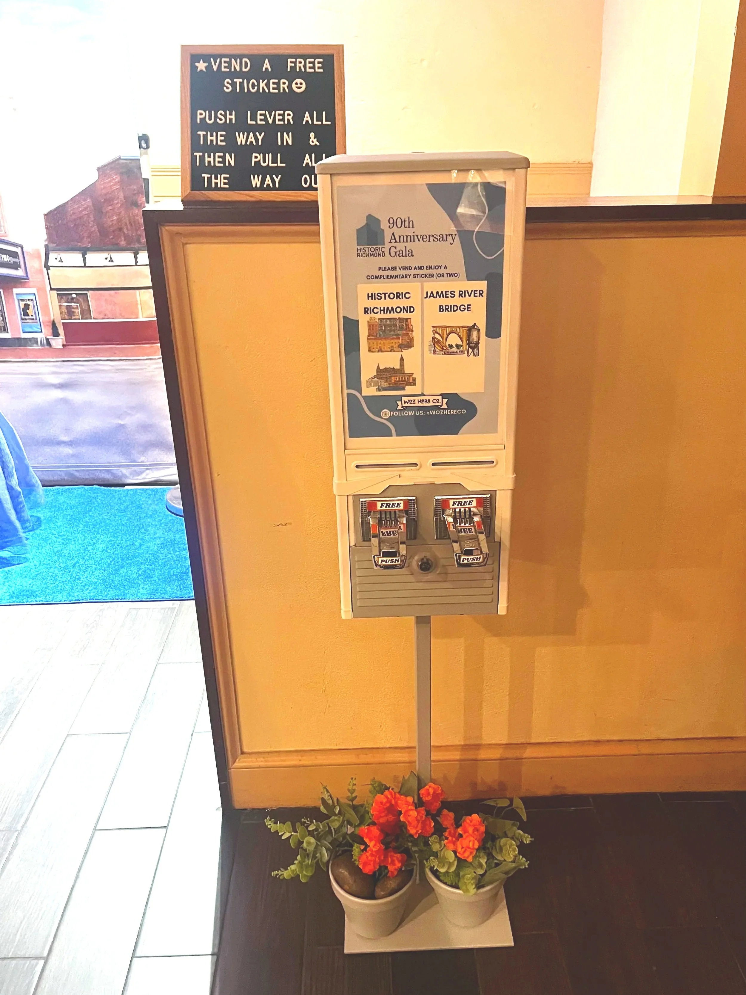 Historic Richmond Gala Sticker Vending Machine with Two Custom Stickers