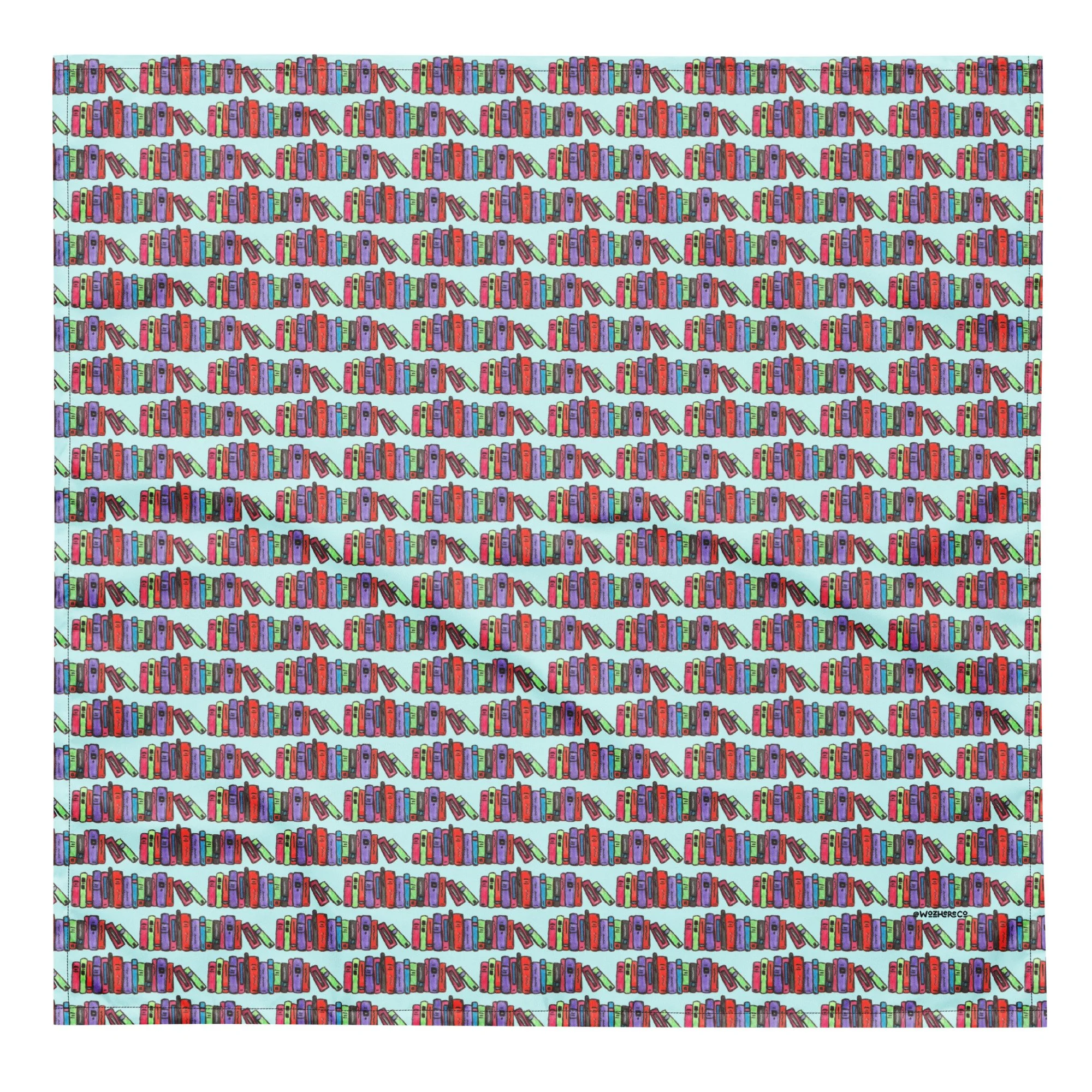 Row of gem-colored book spines hand-drawn in watercolor on a lightweight pet bandana.