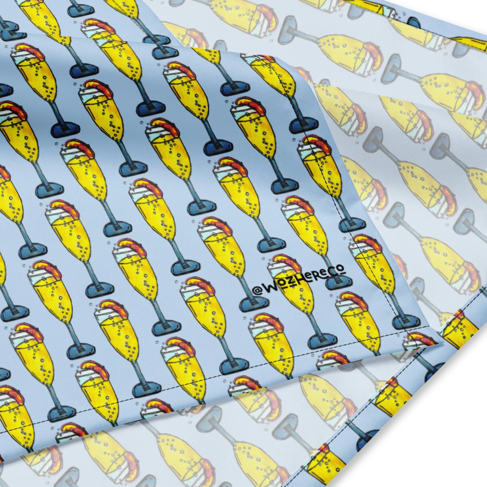 Hand-drawn watercolor mimosa glass motif repeating across a lightweight pet bandana.